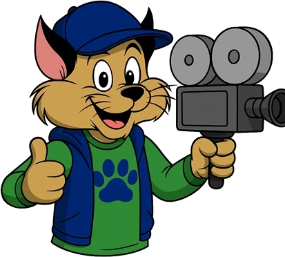 Wiley the Wildcat behind a movie camera, giving a thumbs up