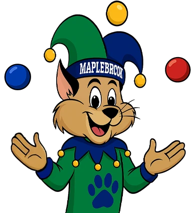 Wiley the Wildcat in a jester hat, juggling