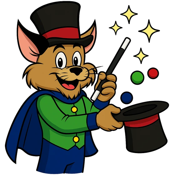 Wiley the Wildcat as a magician, waving a wand over his top hat